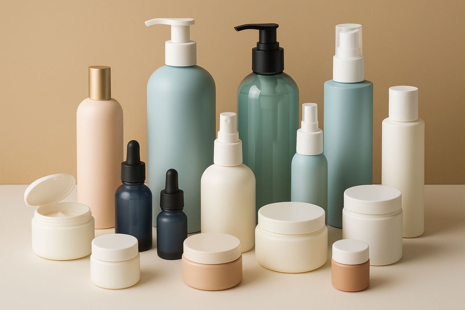 Assorted cosmetic packaging bottles and jars in pastel colors on beige background